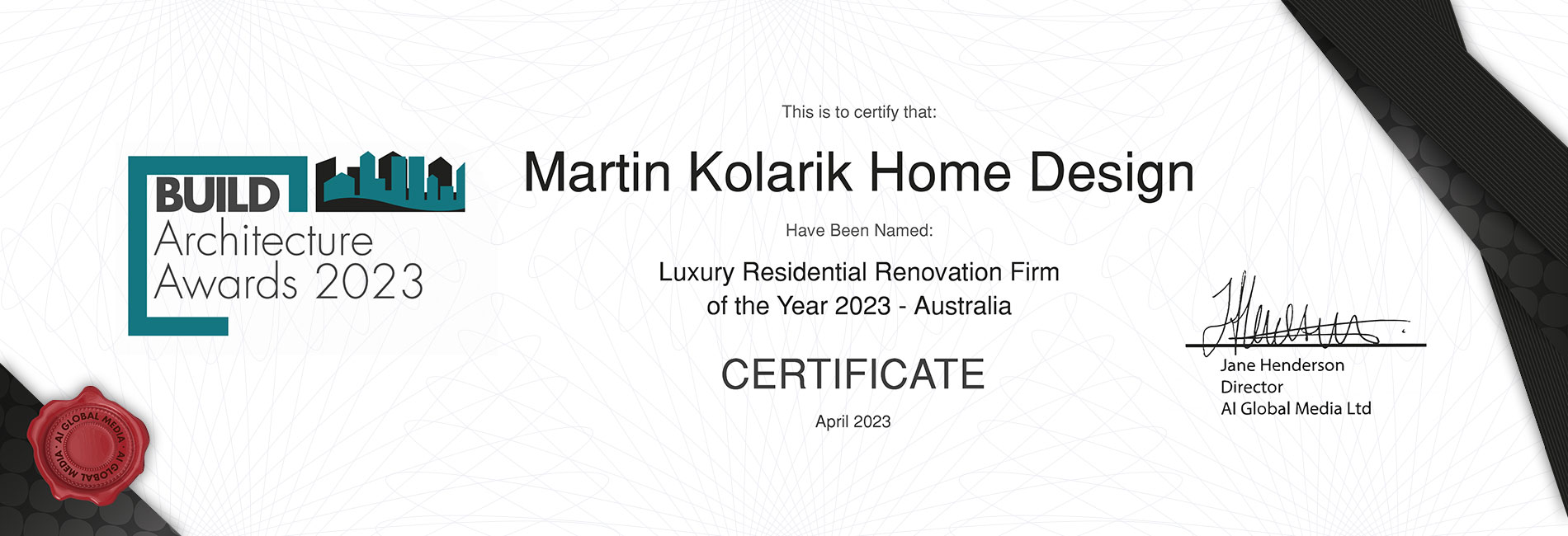 Martin Kolarik BAA 2023 luxury home design award certificate